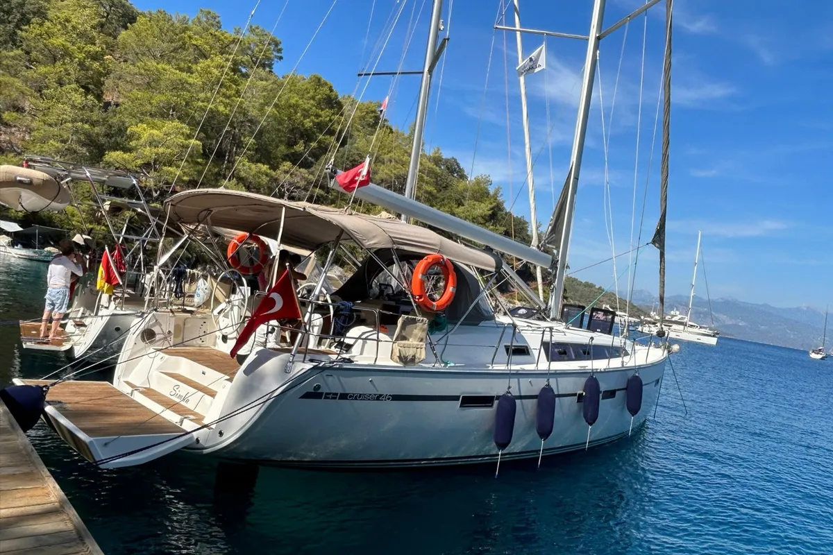 Exterior view of Simba, a Bavaria Cruiser 46 sailboat at Fethiye, Turkey
