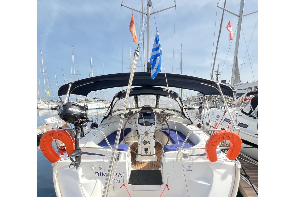 Deck of Dimitra, a Bavaria 39 Cruiser sailboat at Kavala, Greece