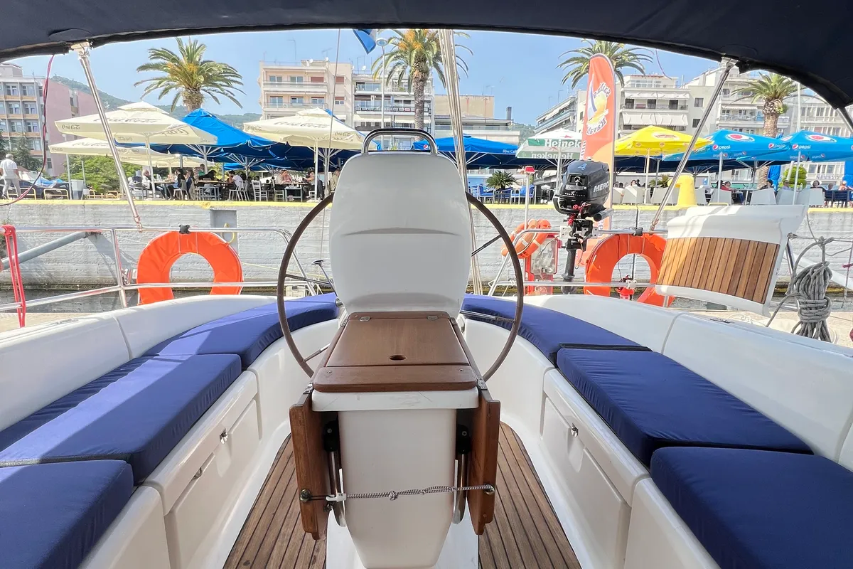 Cockpit of Dimitra, a Bavaria 39 Cruiser sailboat at Kavala, Greece