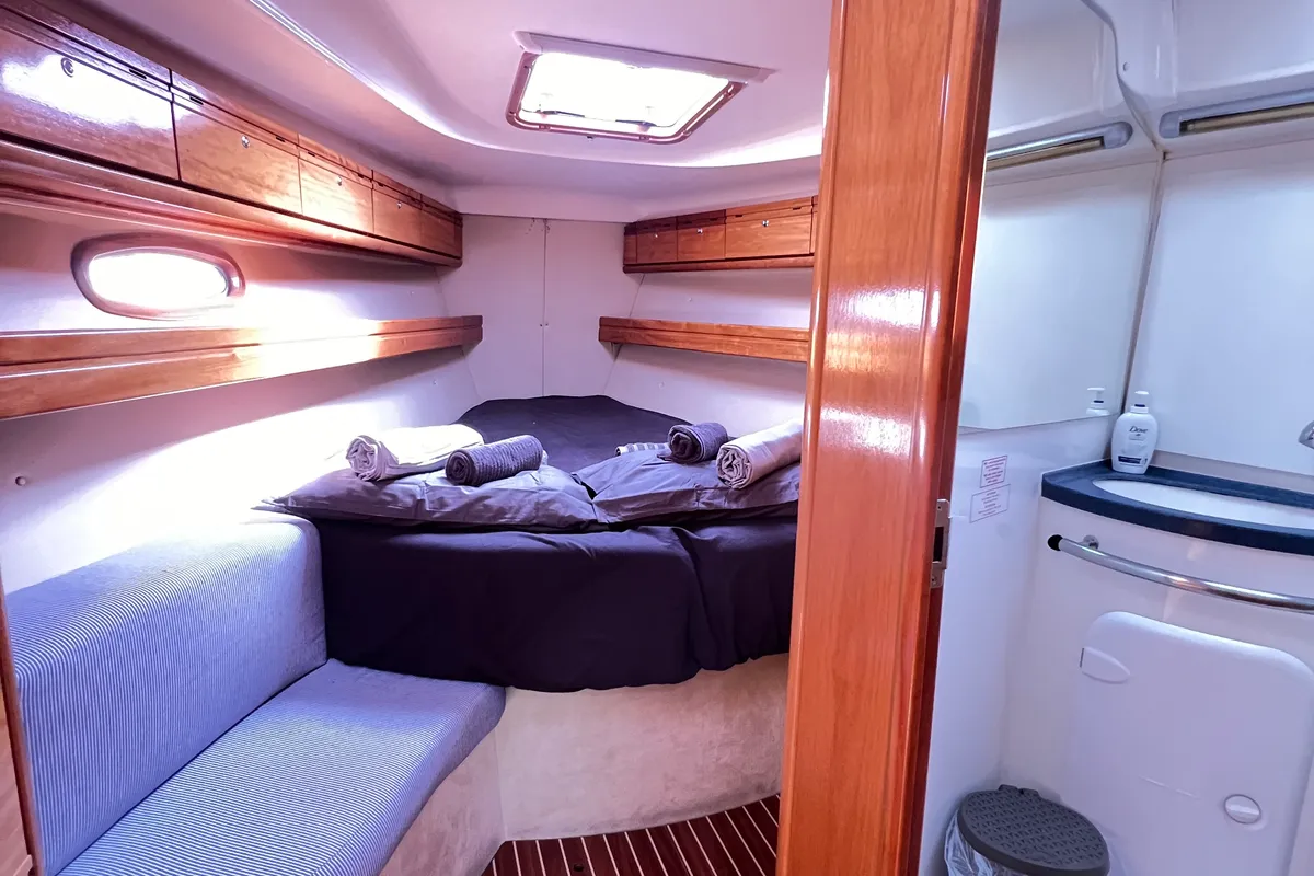Cabin on Dimitra, a Bavaria 39 Cruiser sailboat at Kavala, Greece