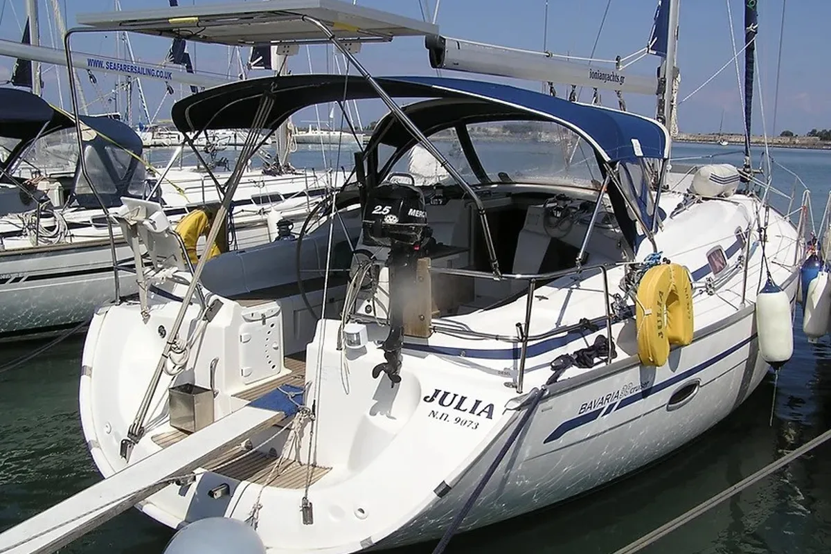 Exterior view of Julia, a Bavaria 39 Cruiser sailboat at Municipal Unit of Lefkada, Greece
