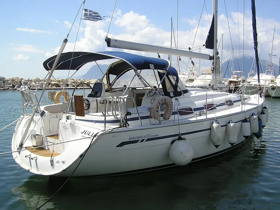 Deck of Julia, a Bavaria 39 Cruiser sailboat at Municipal Unit of Lefkada, Greece