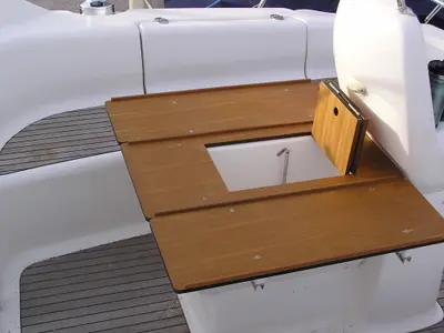 Deck of Julia, a Bavaria 39 Cruiser sailboat at Municipal Unit of Lefkada, Greece