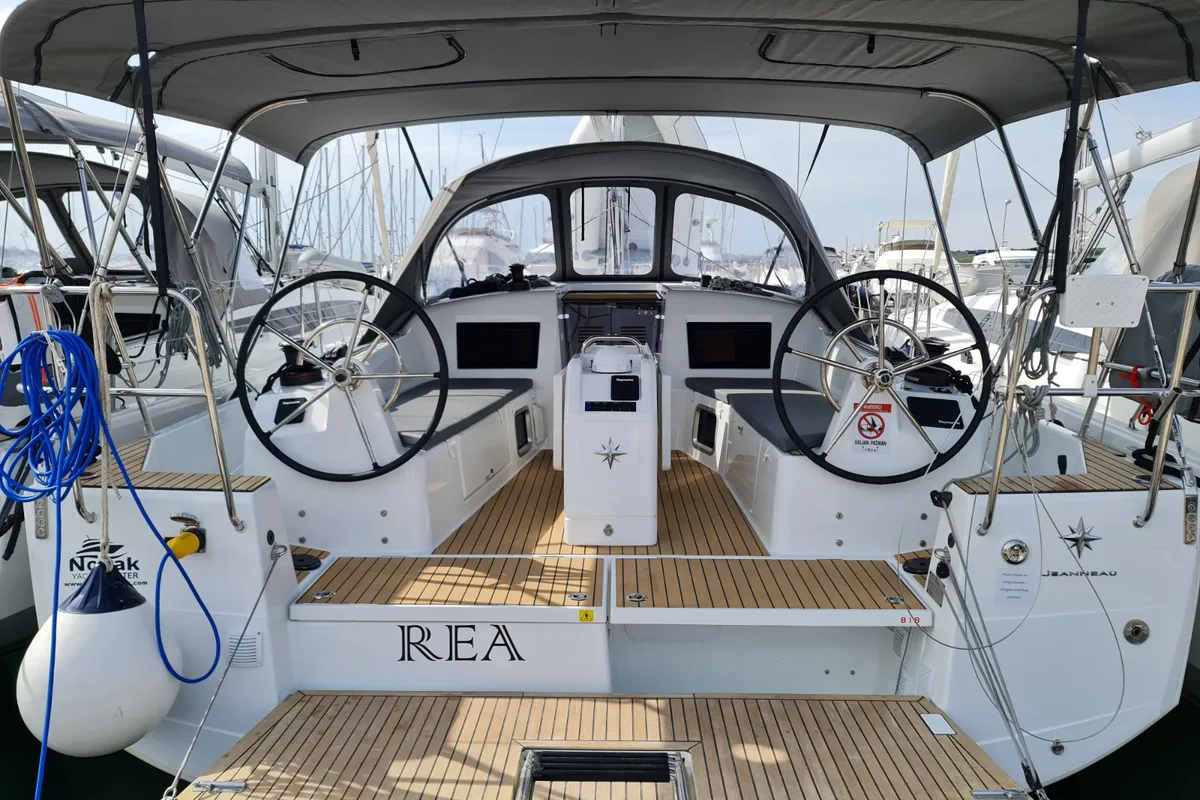Exterior view of Rea, a Jeanneau Sun Odyssey 410 sailboat at Grad Biograd na Moru, Croatia