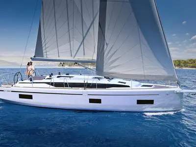 Exterior view of Tena, a Bavaria C38 Style sailboat at Murter, Croatia