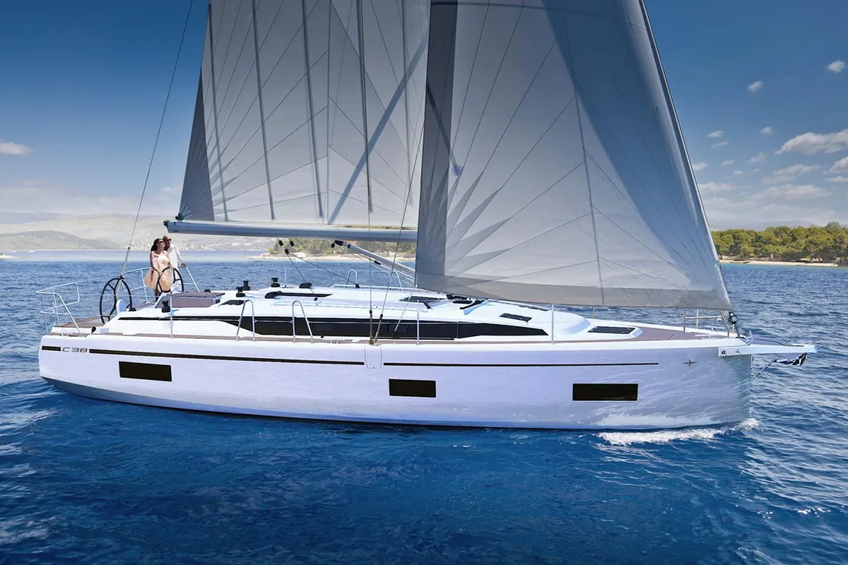 Exterior view of Tena, a Bavaria C38 Style sailboat at Murter, Croatia