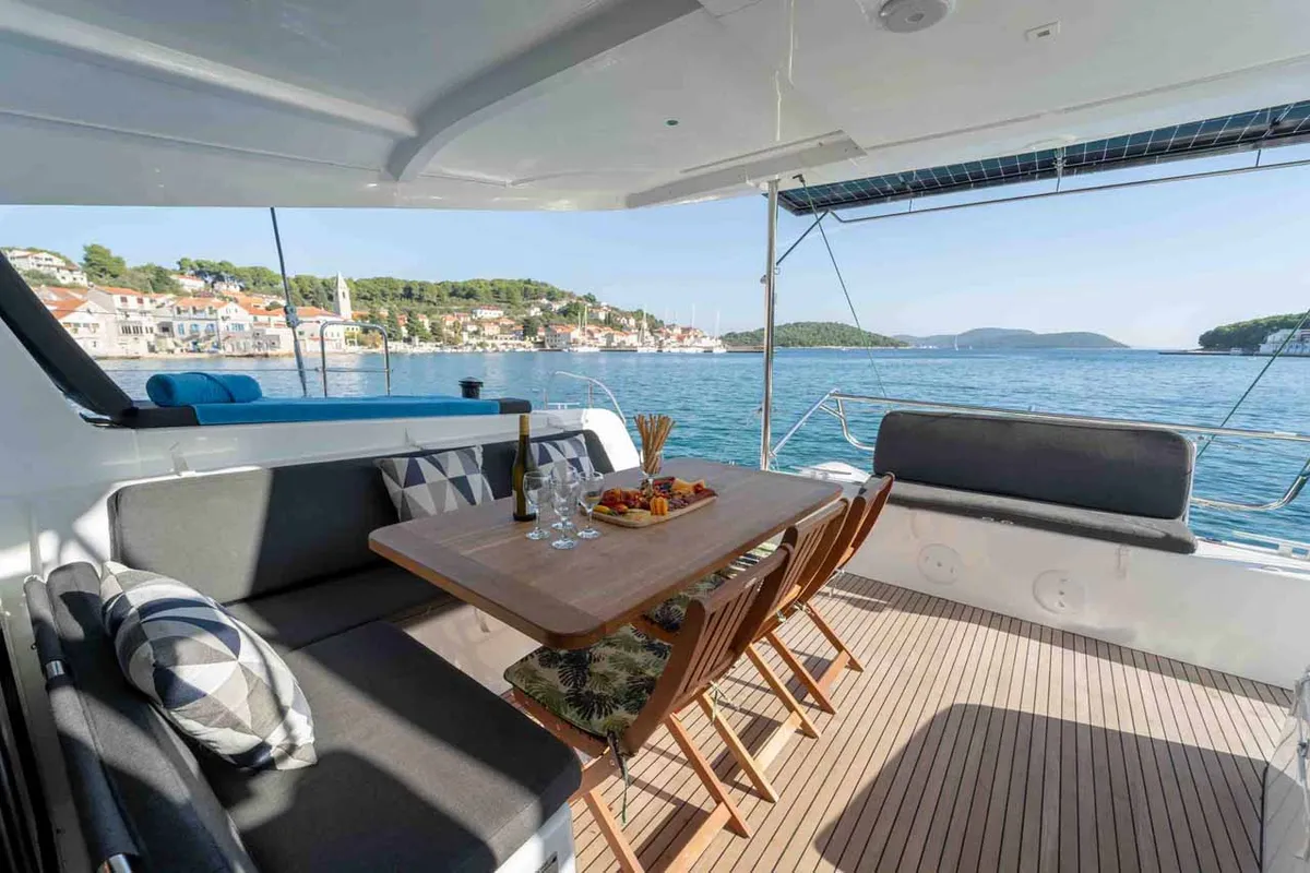 Deck of Mare Sunce, a Lagoon 42 catamaran at Grad Šibenik, Croatia