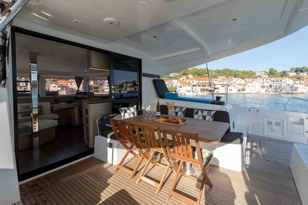 Deck of Mare Sunce, a Lagoon 42 catamaran at Grad Šibenik, Croatia