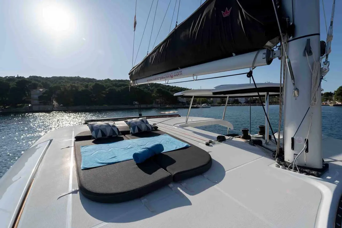 Deck of Mare Sunce, a Lagoon 42 catamaran at Grad Šibenik, Croatia