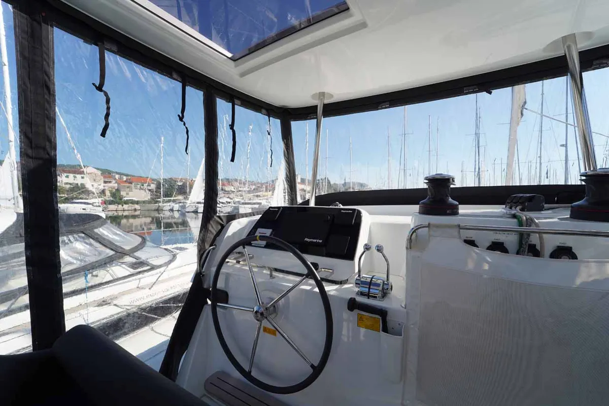 Cockpit of Mare Sunce, a Lagoon 42 catamaran at Grad Šibenik, Croatia