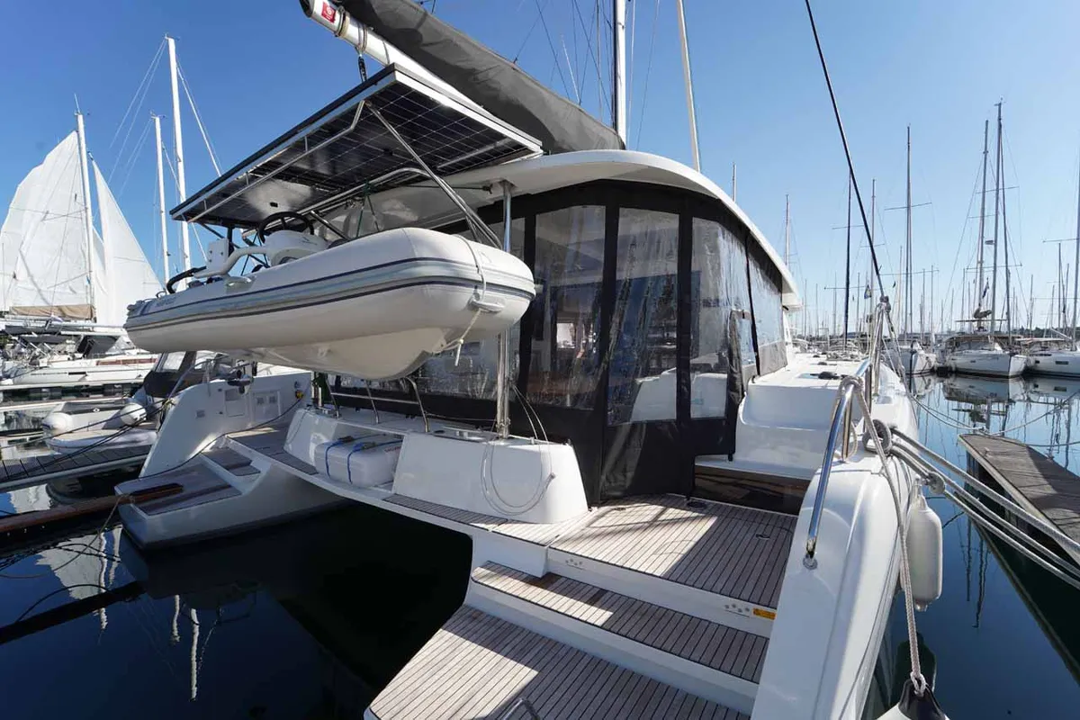 Exterior view of Mare Sunce, a Lagoon 42 catamaran at Grad Šibenik, Croatia