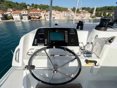 Cockpit of Mare Sunce, a Lagoon 42 catamaran at Grad Šibenik, Croatia