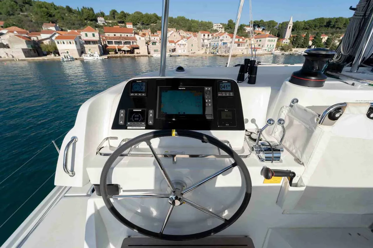 Cockpit of Mare Sunce, a Lagoon 42 catamaran at Grad Šibenik, Croatia