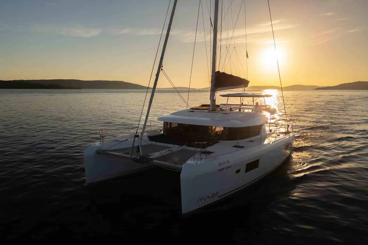 Exterior view of Mare Sunce, a Lagoon 42 catamaran at Grad Šibenik, Croatia