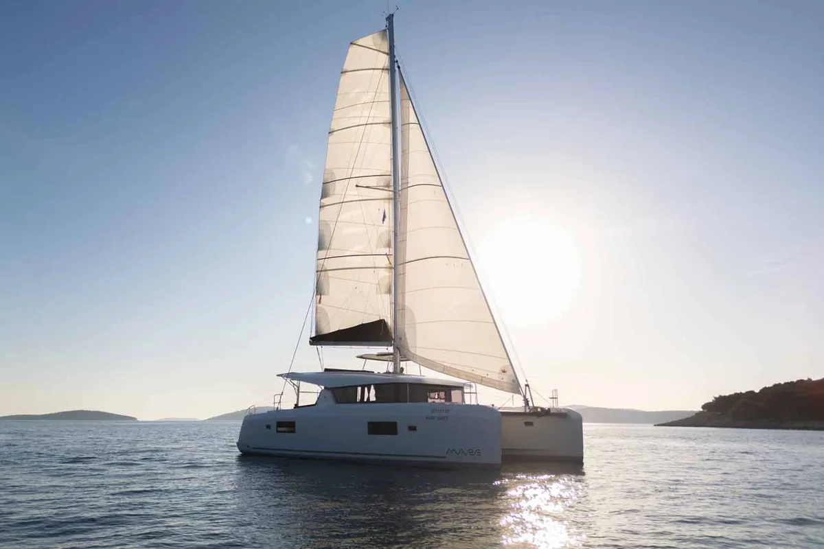 Exterior view of Mare Sunce, a Lagoon 42 catamaran at Grad Šibenik, Croatia