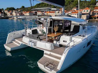 Deck of Mare Sunce, a Lagoon 42 catamaran at Grad Šibenik, Croatia
