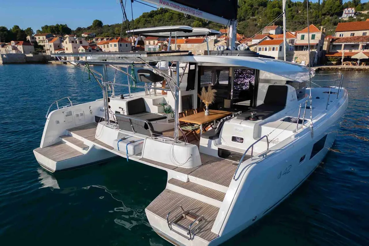 Deck of Mare Sunce, a Lagoon 42 catamaran at Grad Šibenik, Croatia