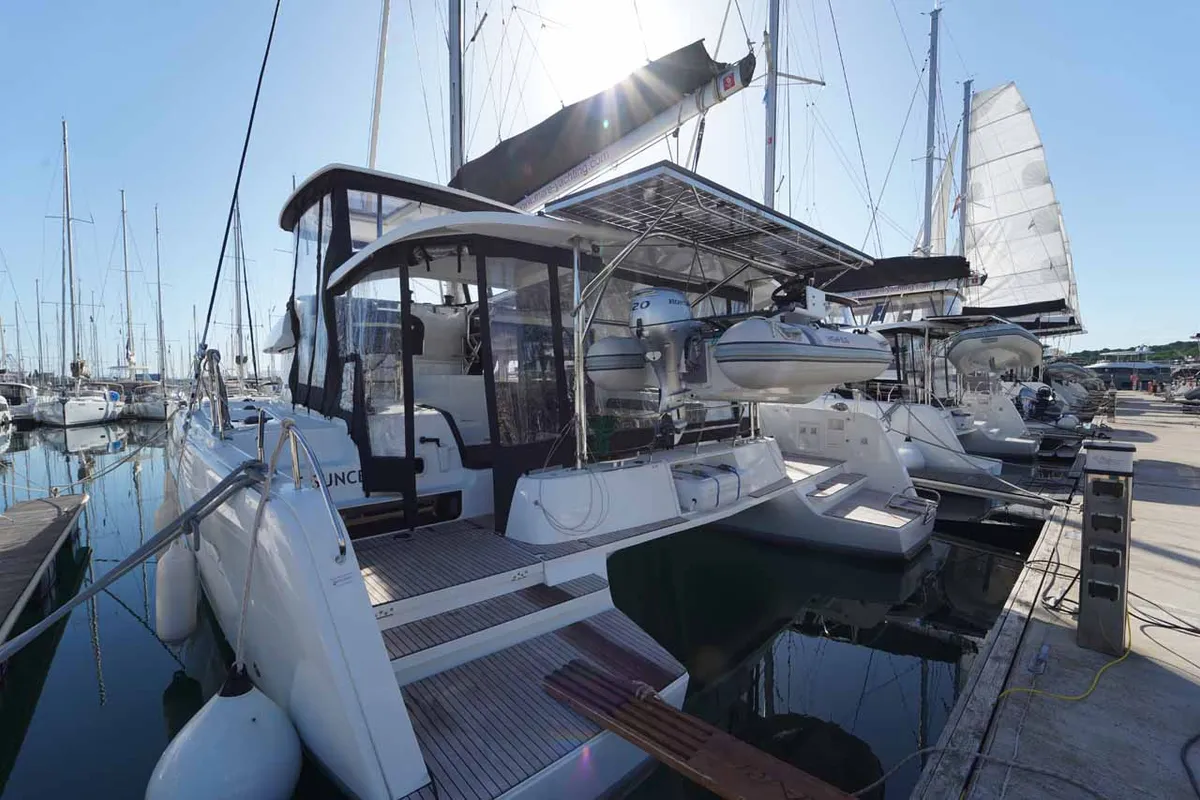 Exterior view of Mare Sunce, a Lagoon 42 catamaran at Grad Šibenik, Croatia