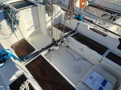 Deck of Romancie, a Beneteau First 31.7 sailboat at Kerners, France