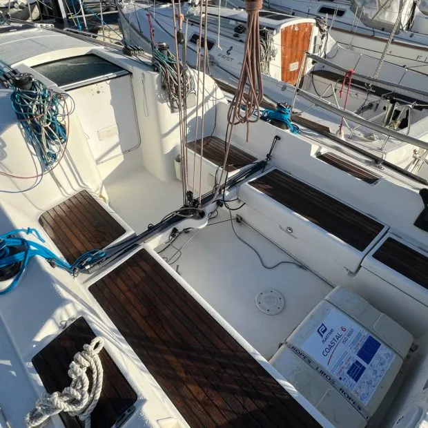 Deck of Romancie, a Beneteau First 31.7 sailboat at Kerners, France