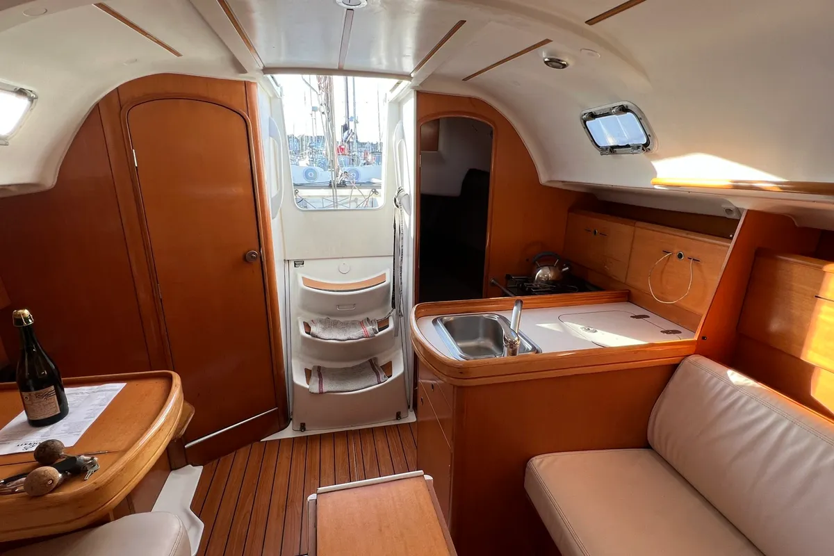 Galley of Romancie, a Beneteau First 31.7 sailboat at Kerners, France