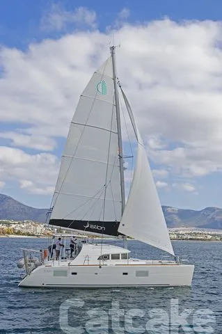 Exterior view of Catcake, a Lagoon 380 S2 catamaran at Municipal Unit of Lefkada, Greece