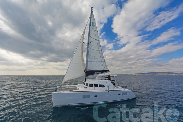 Exterior view of Catcake, a Lagoon 380 S2 catamaran at Municipal Unit of Lefkada, Greece