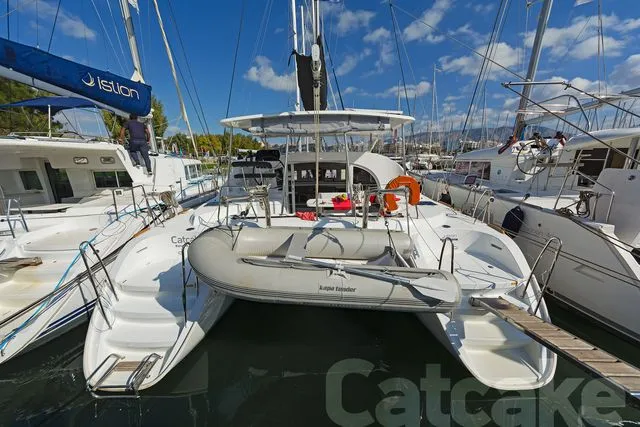 Exterior view of Catcake, a Lagoon 380 S2 catamaran at Municipal Unit of Lefkada, Greece