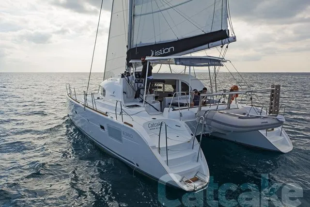 Exterior view of Catcake, a Lagoon 380 S2 catamaran at Municipal Unit of Lefkada, Greece