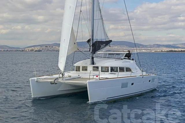 Exterior view of Catcake, a Lagoon 380 S2 catamaran at Municipal Unit of Lefkada, Greece