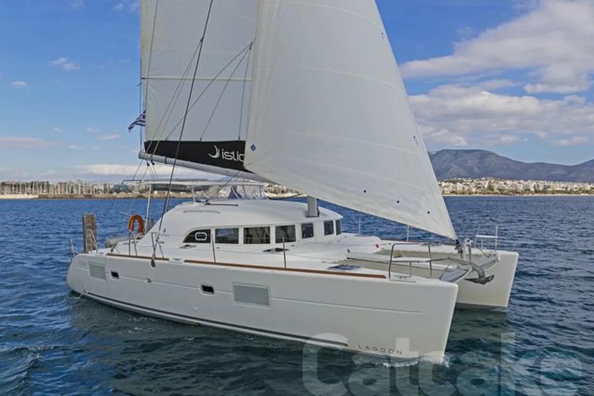 Exterior view of Catcake, a Lagoon 380 S2 catamaran at Municipal Unit of Lefkada, Greece