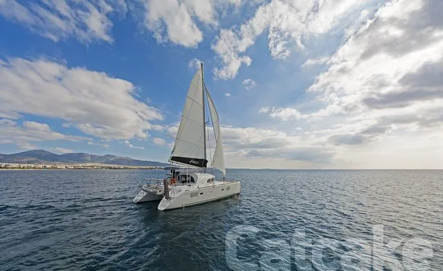 Exterior view of Catcake, a Lagoon 380 S2 catamaran at Municipal Unit of Lefkada, Greece