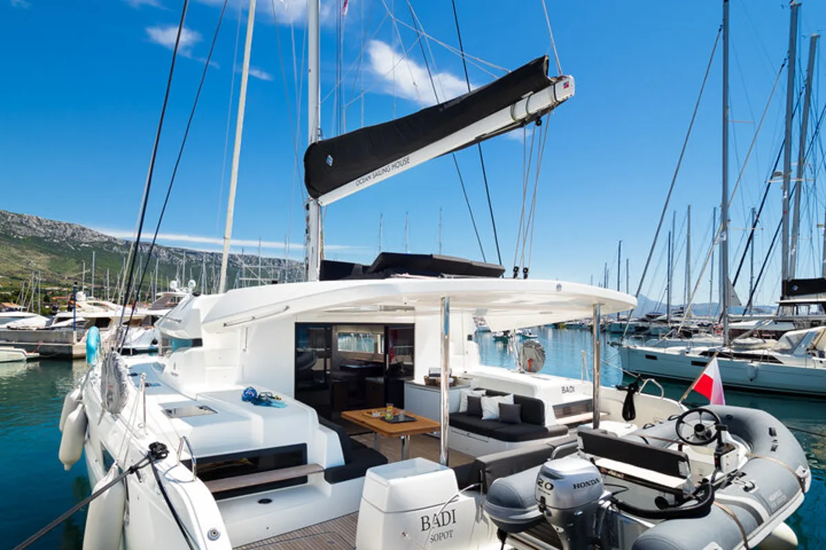 Exterior view of Badi, a Lagoon 50 catamaran at Kaštela, Croatia
