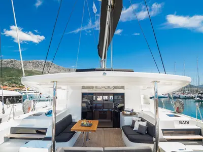 Deck of Badi, a Lagoon 50 catamaran at Kaštela, Croatia