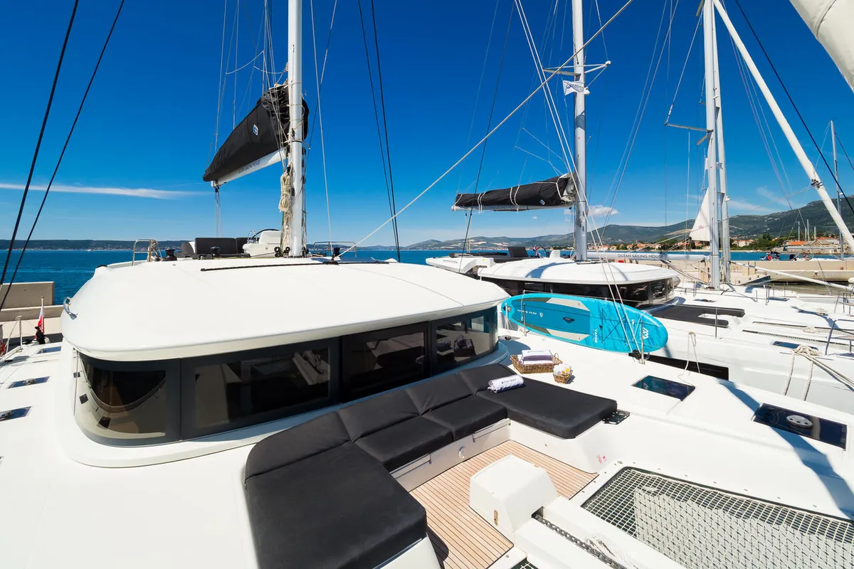 Deck of Badi, a Lagoon 50 catamaran at Kaštela, Croatia