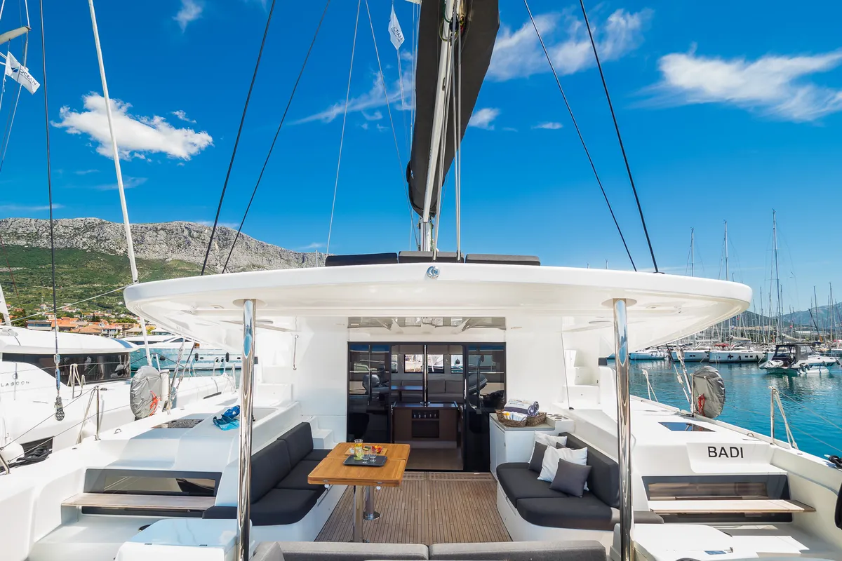 Deck of Badi, a Lagoon 50 catamaran at Kaštela, Croatia