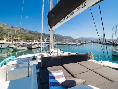 Cockpit of Badi, a Lagoon 50 catamaran at Kaštela, Croatia