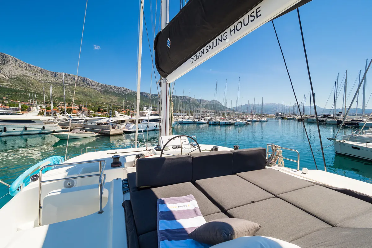 Cockpit of Badi, a Lagoon 50 catamaran at Kaštela, Croatia