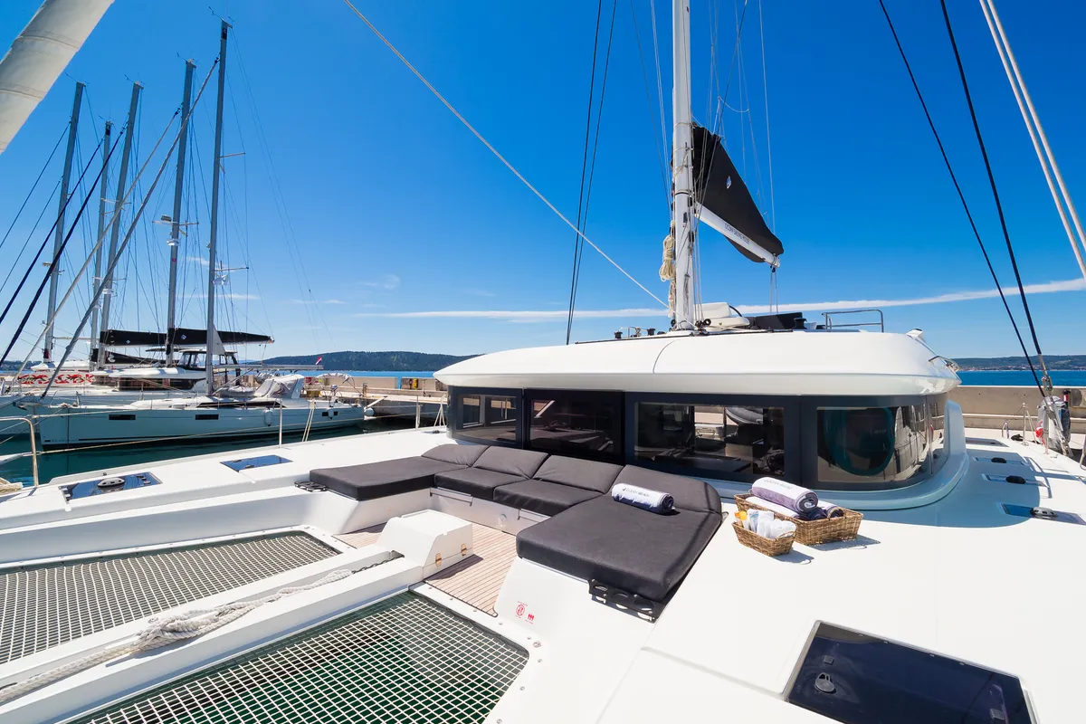 Deck of Badi, a Lagoon 50 catamaran at Kaštela, Croatia