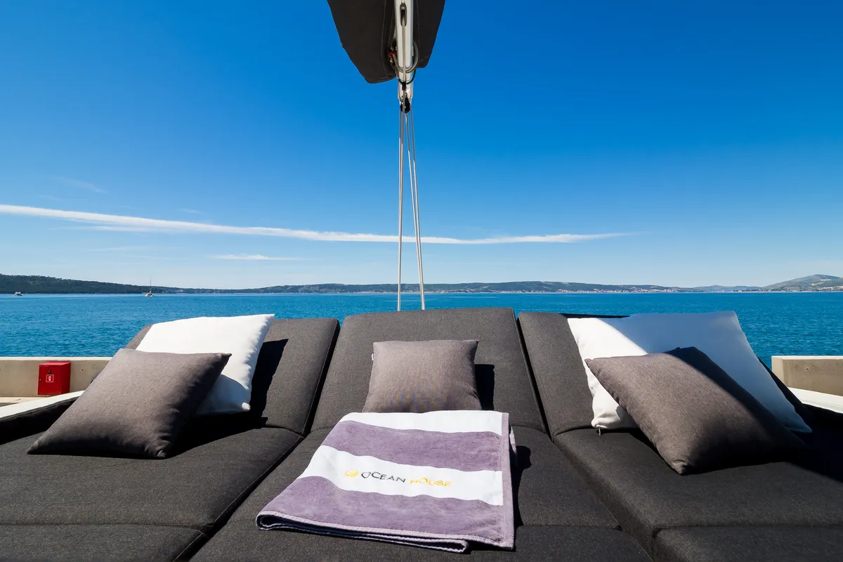 Deck of Badi, a Lagoon 50 catamaran at Kaštela, Croatia