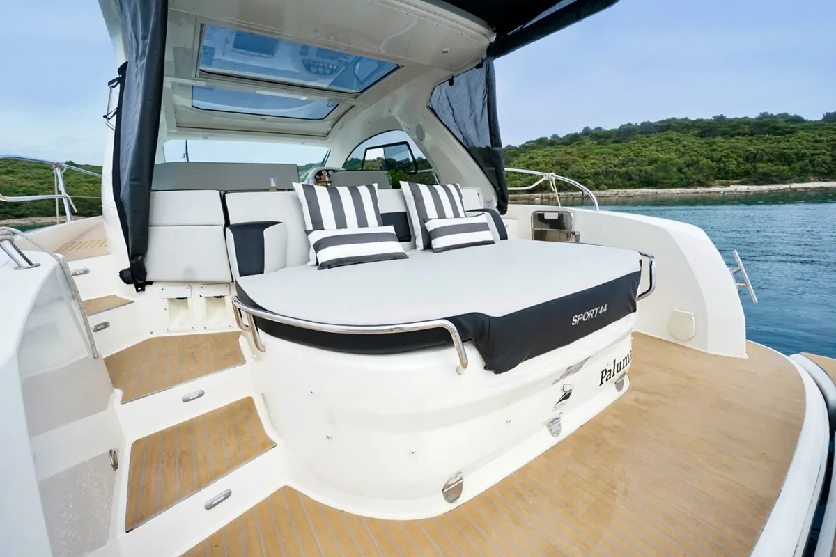 Deck of Paluma, a Bavaria Sport 44 motorboat at Općina Sukošan, Croatia