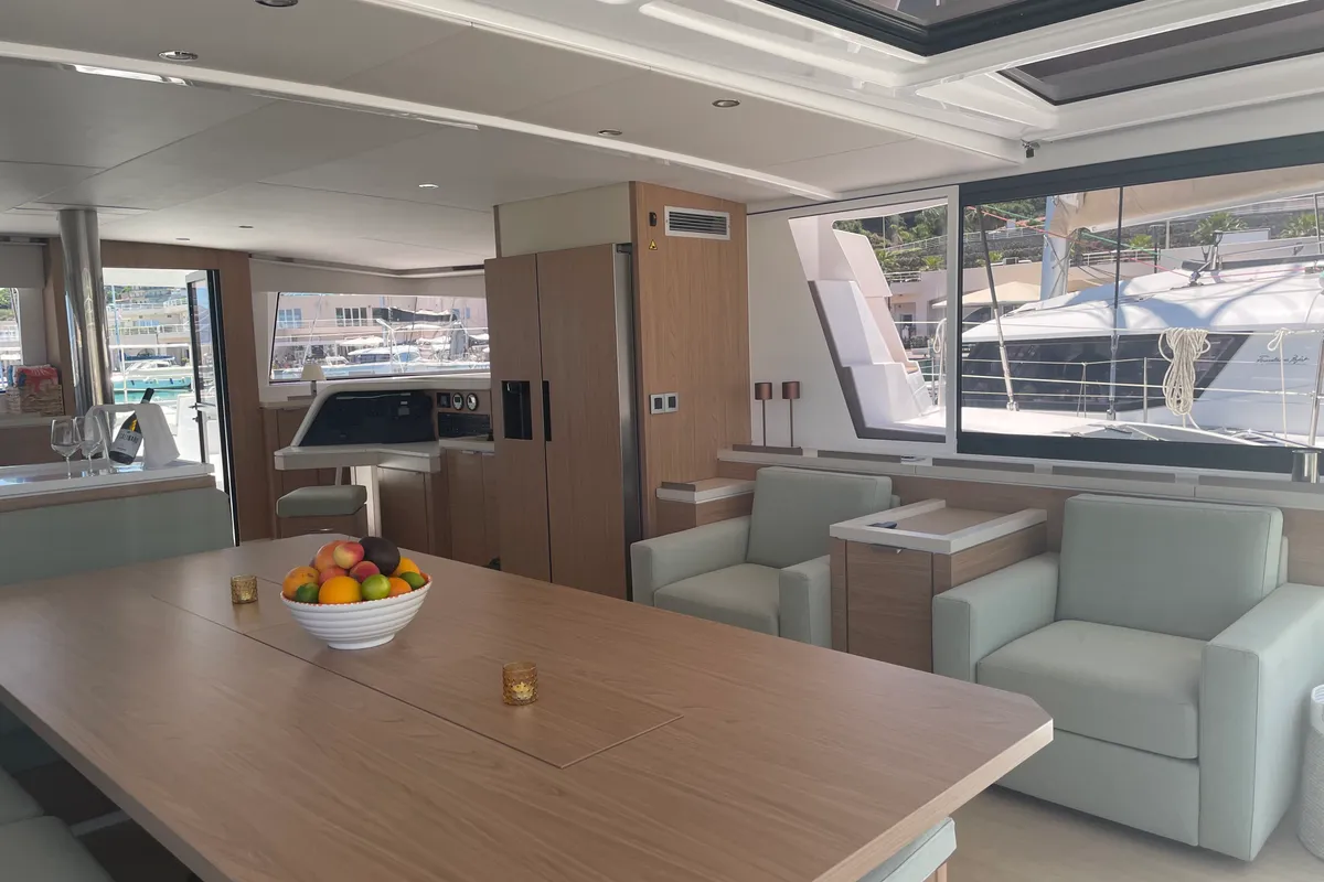 Salon of Maia, a Bali 5.4 catamaran at Salerno, Italy