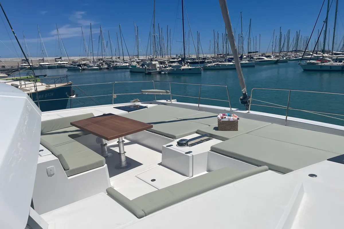 Deck of Maia, a Bali 5.4 catamaran at Salerno, Italy