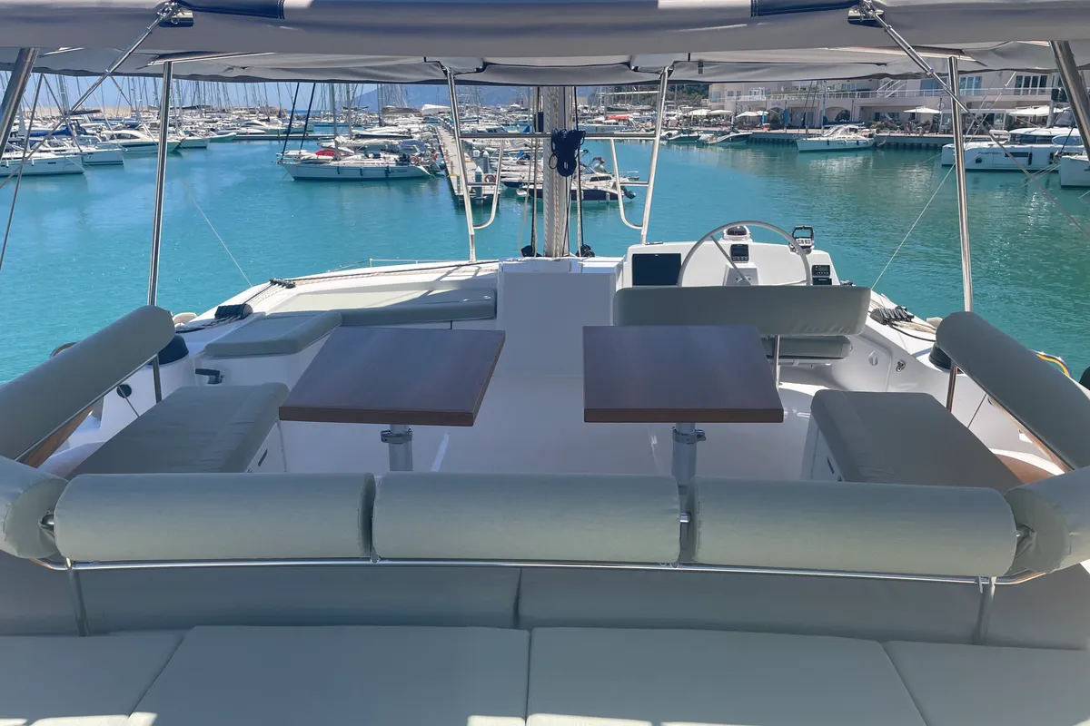 Cockpit of Maia, a Bali 5.4 catamaran at Salerno, Italy