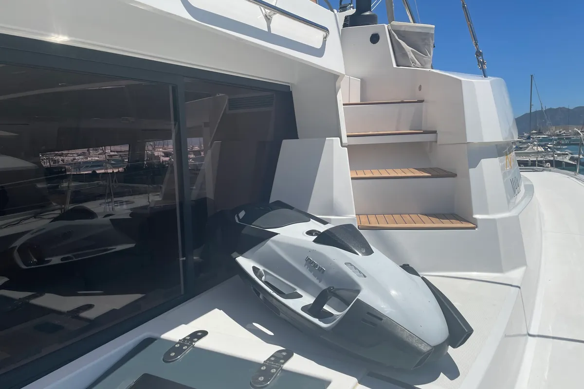 Deck of Maia, a Bali 5.4 catamaran at Salerno, Italy