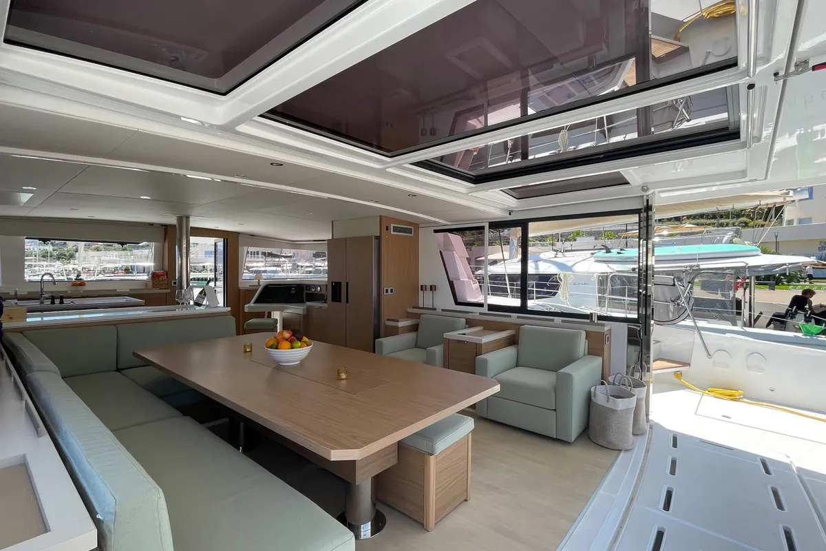 Deck of Maia, a Bali 5.4 catamaran at Salerno, Italy
