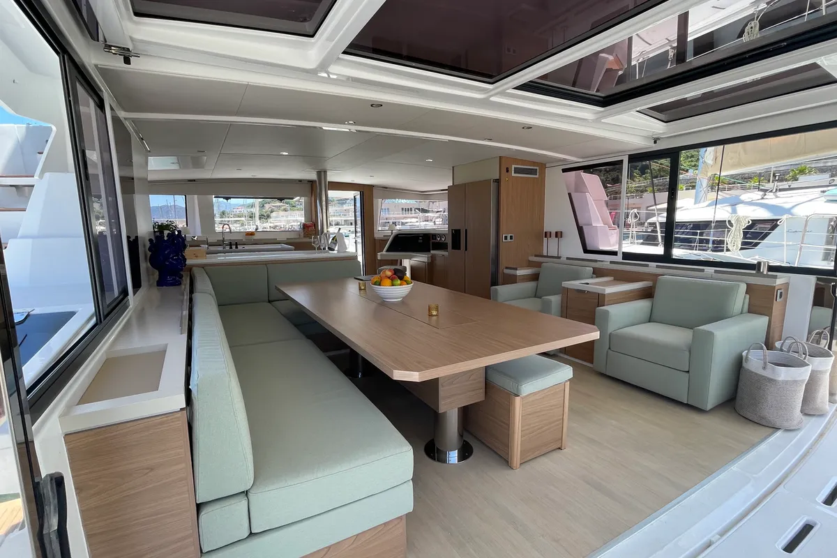 Deck of Maia, a Bali 5.4 catamaran at Salerno, Italy