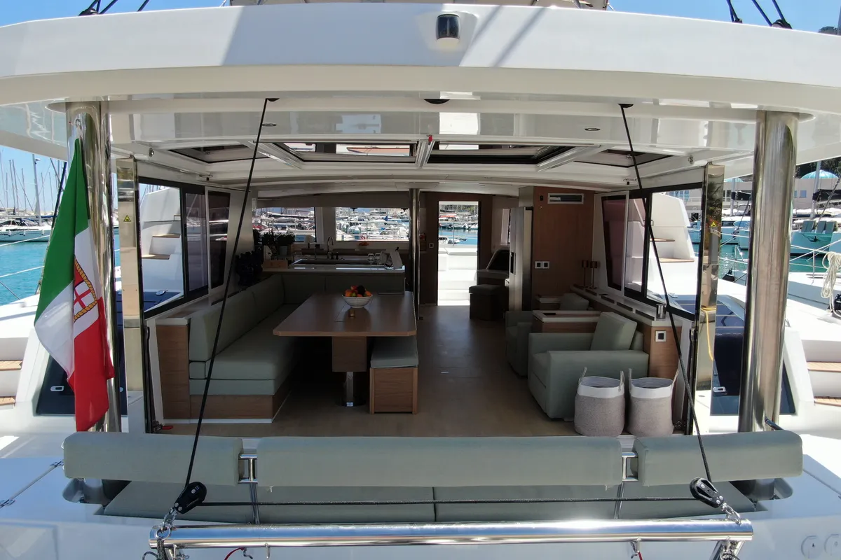 Deck of Maia, a Bali 5.4 catamaran at Salerno, Italy