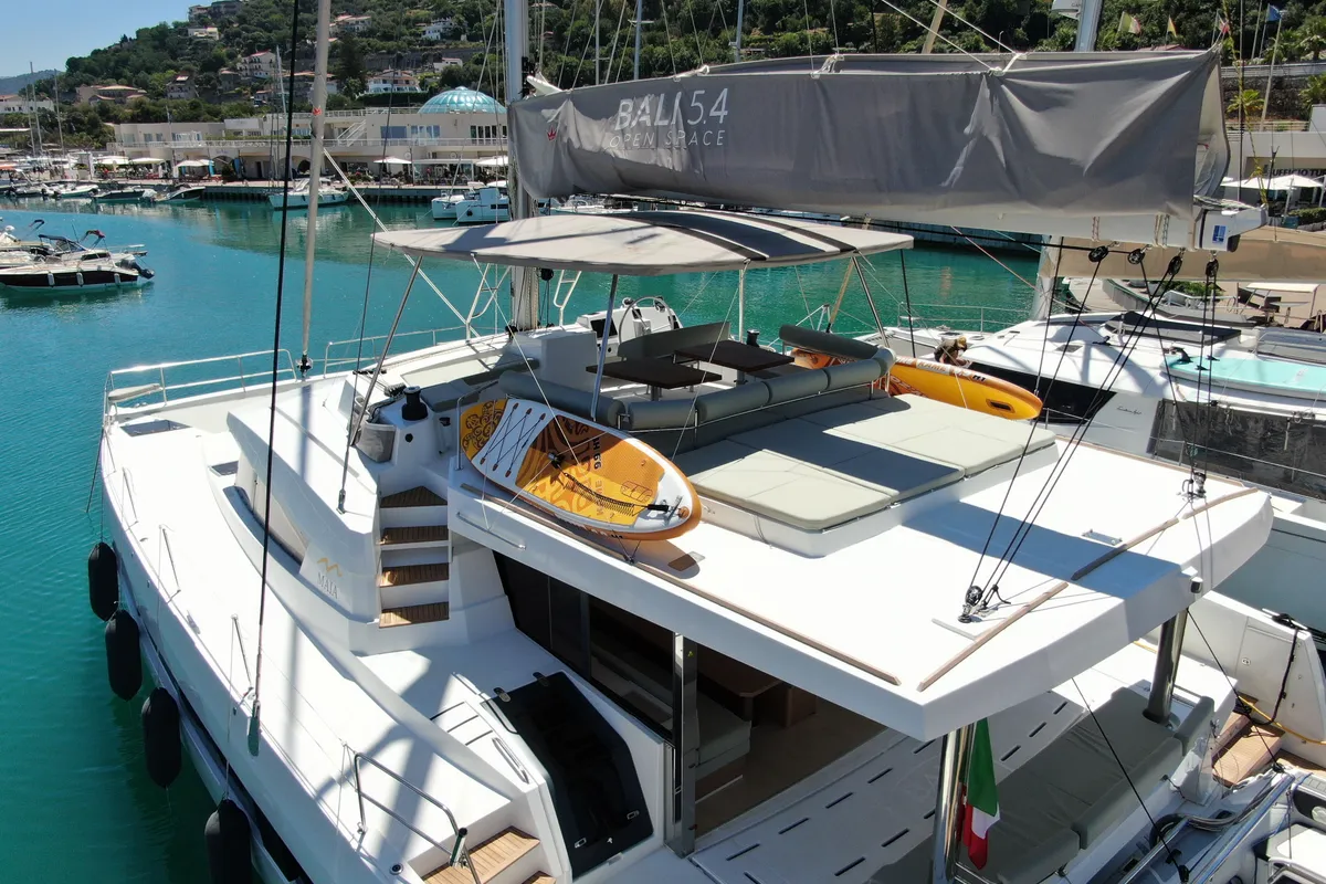 Exterior view of Maia, a Bali 5.4 catamaran at Salerno, Italy