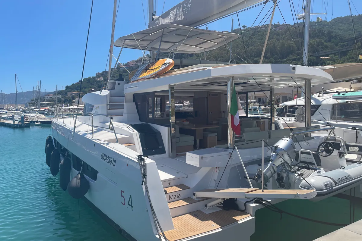 Exterior view of Maia, a Bali 5.4 catamaran at Salerno, Italy